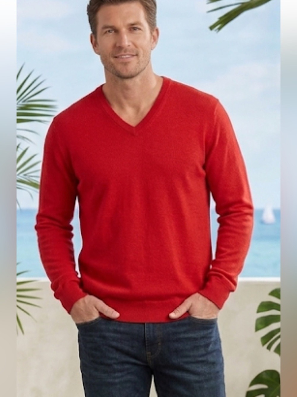 J. Hilburn Red V-Neck Silk Cashmere Cotton Sweater Men’s Large